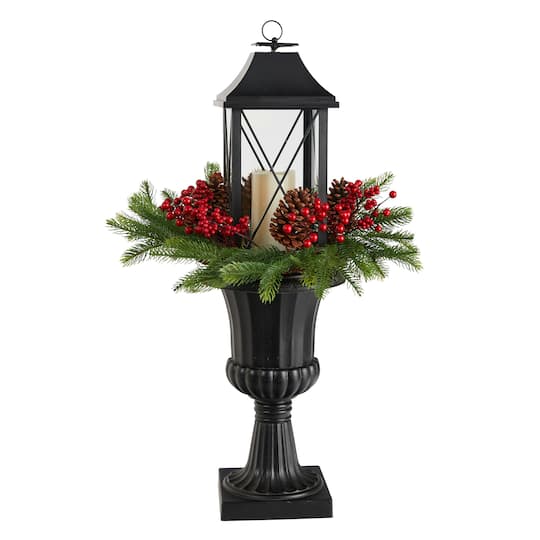 33&#x22; Greenery, Berries &#x26; Pinecones in Decorative Urn with Large Lantern and LED Candle Artificial Christmas D&#xE9;cor